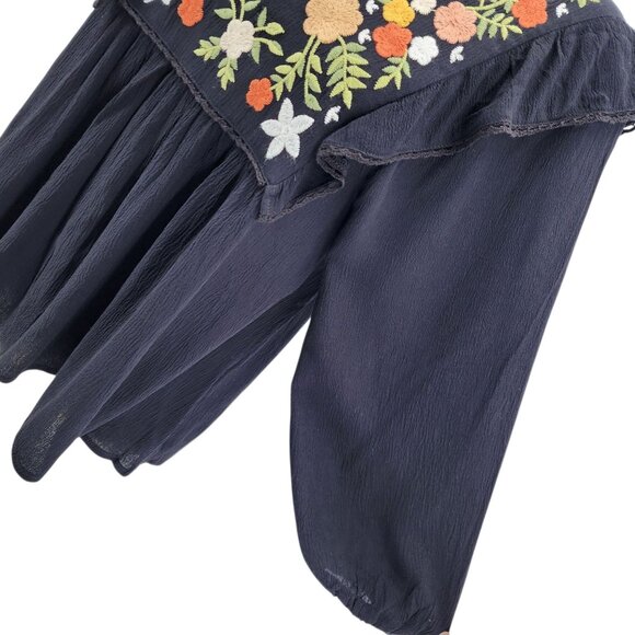 NEW In Loom Womens XS Top Embroidered Floral Tunic Peasant Black Multicolor Boho - Picture 3 of 12